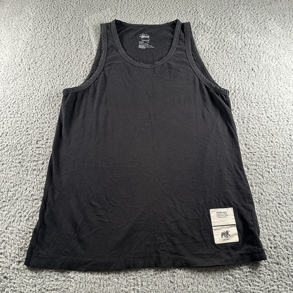 Y2K Stussy Tank Mens M Black Cotton Tagless Jersey Logo Patch‎ Tee Streetwear